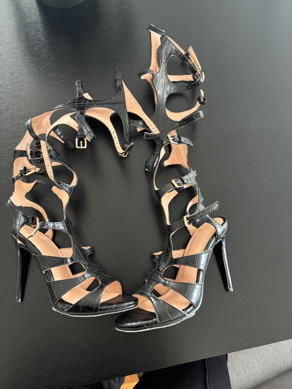 Black Croc-Embossed Strappy High Heel Sandals for Women
